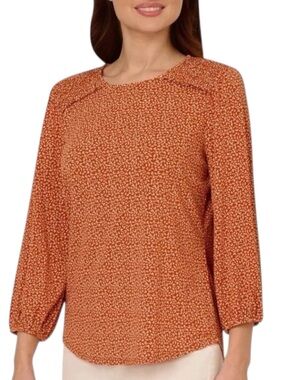 NWT ADRIANNA PAPELL Burnt Orange Printed 3/4 Sleeve Keyhole Blouse Size Large